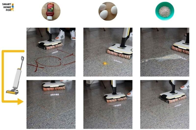 Man sieht den Kärcher FC 7 im Reinigungstest auf Fliesenboden.